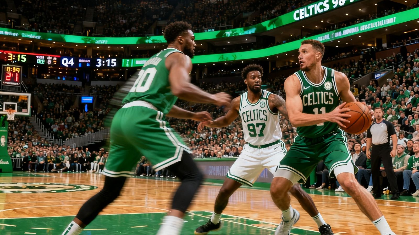 NBA东部强强对话凯尔特人主场迎战雄鹿的高清直播画面，场上比分胶着